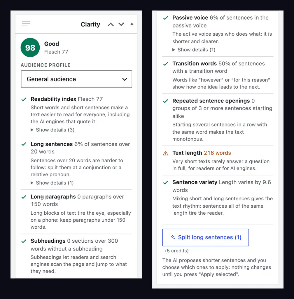 AISA Clarity panel in the WordPress editor: overall score 98 with Flesch 77, the General audience profile and the nine readability checks with explanations