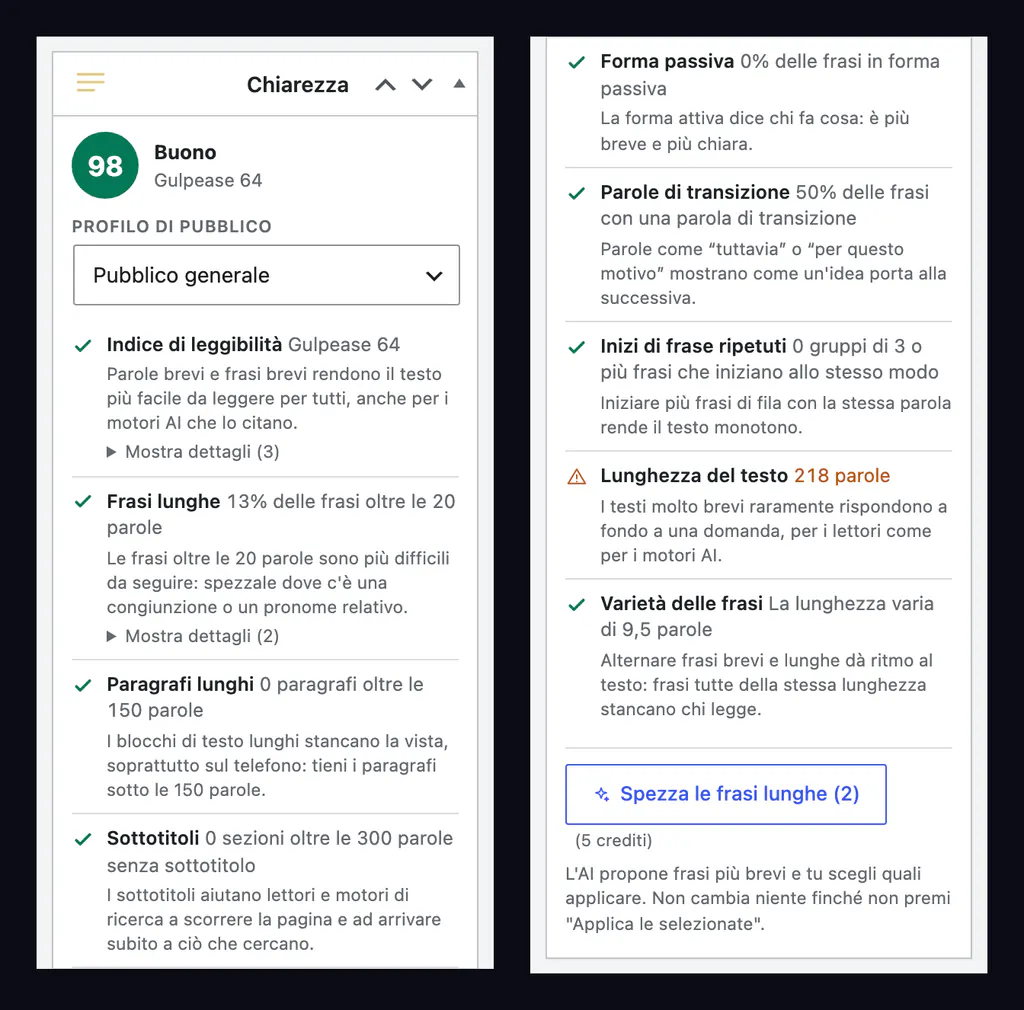Pannello Chiarezza di AISA nell'editor di WordPress: punteggio 98 con Gulpease 64, profilo Pubblico generale e i nove controlli di leggibilità con le spiegazioni