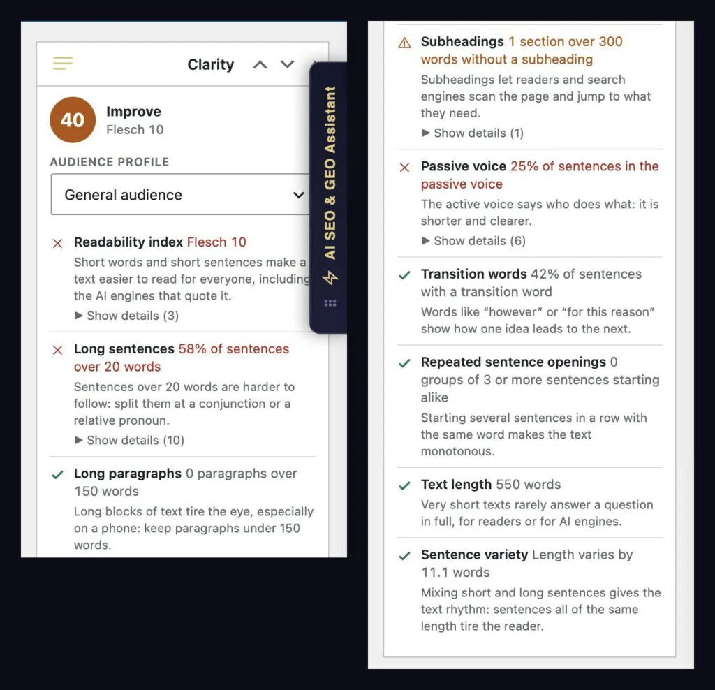 Pannello Chiarezza: punteggio, indice di leggibilità, profilo dei lettori e i nove controlli, dalle frasi lunghe alla varietà delle frasi